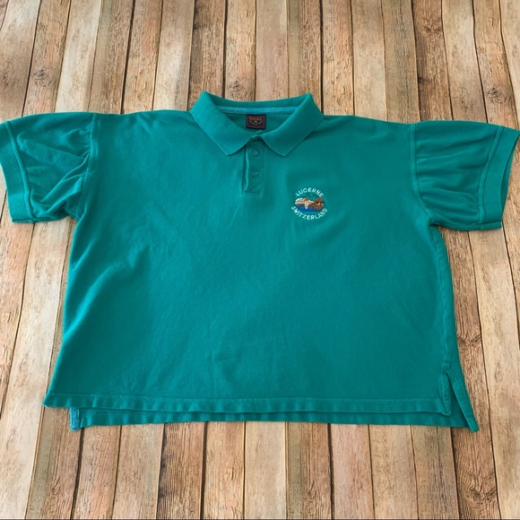 Vintage Lucerne Switzerland Cropped Short Sleeve Polo Shirt  Size Medium